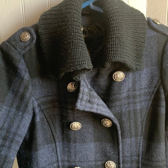 Guess Women's Blue Black Plaid Double Breast Wool Pea Coat Knit Collar Military - Picture 11 of 16
